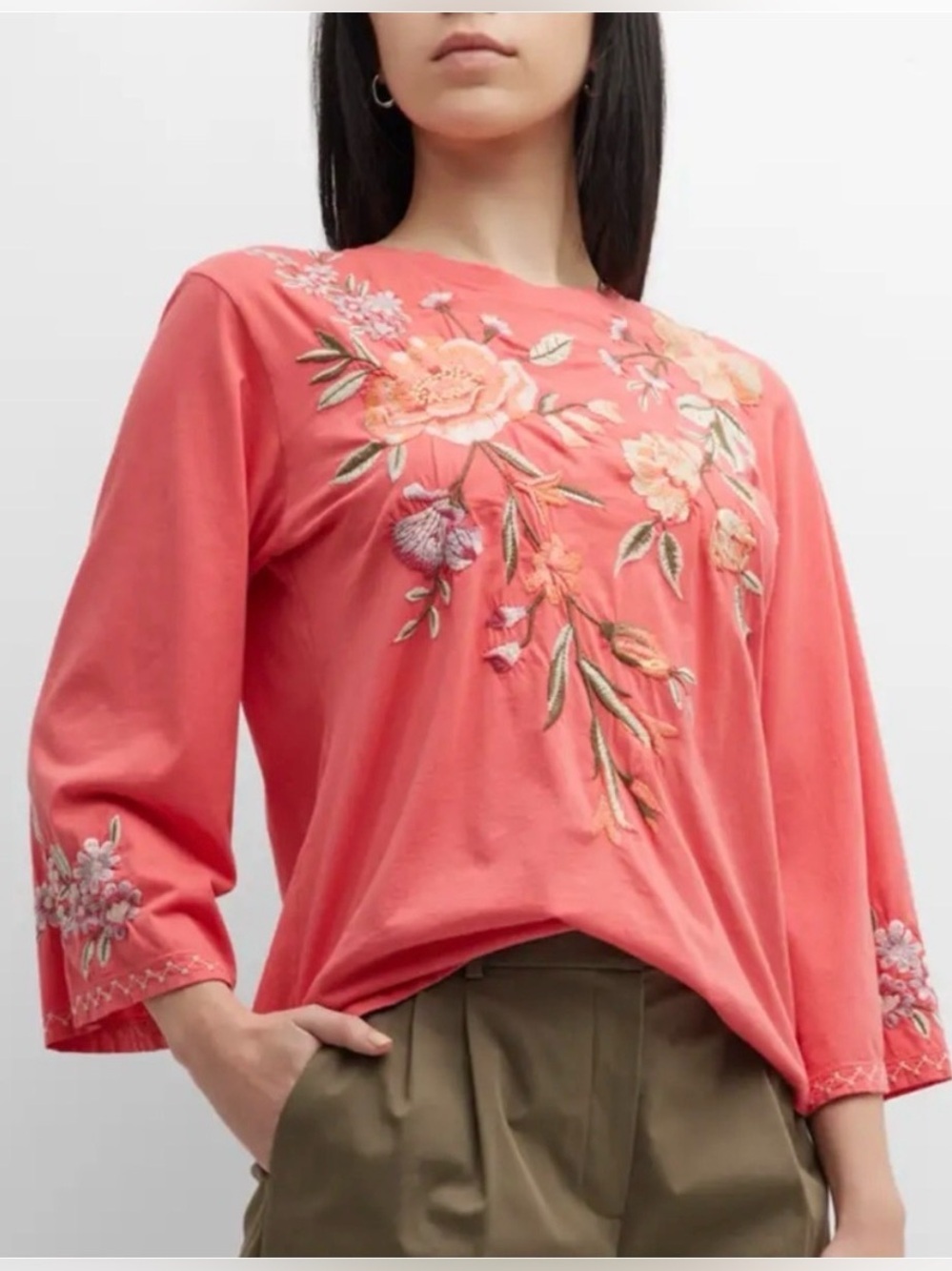 Johnny Was Vienna Kimono Sleeve Top Small Coral Floral Embroidered Boho Spring